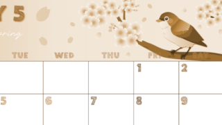 2026年5月横型レトロな月曜始まり 鶯と桜イラストのかわいいA4無料セピア調カレンダー(2026-00690501)