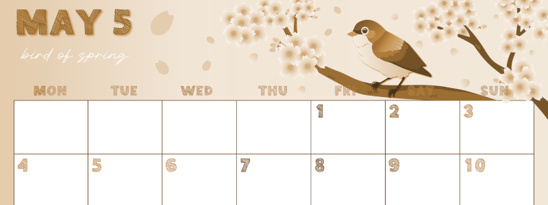 2026年5月横型レトロな月曜始まり 鶯と桜イラストのかわいいA4無料セピア調カレンダー(2026-00690501)