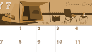 2026年7月横型レトロな月曜始まり 夏休みイラストのかわいいA4無料セピア調カレンダー(2026-00690701)