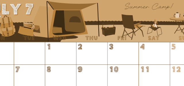 2026年7月横型レトロな月曜始まり 夏休みイラストのかわいいA4無料セピア調カレンダー(2026-00690701)