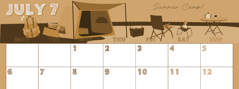 2026年7月横型レトロな月曜始まり 夏休みイラストのかわいいA4無料セピア調カレンダー(2026-00690701)