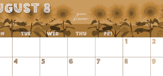 2026年8月横型レトロな月曜始まり 夏らしいイラストのかわいいA4無料セピア調カレンダー(2026-00690801)