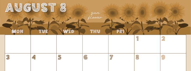 2026年8月横型レトロな月曜始まり 夏らしいイラストのかわいいA4無料セピア調カレンダー(2026-00690801)