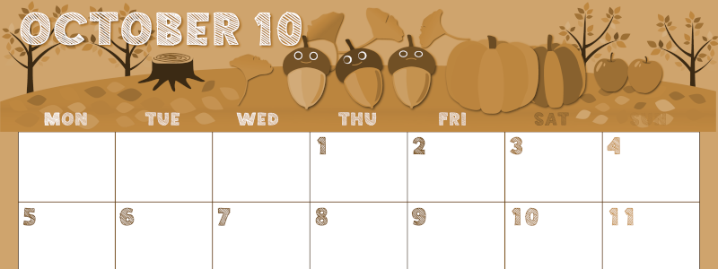 2026年10月横型レトロな月曜始まり 秋の季節イラストのかわいいA4無料セピア調カレンダー(2026-00691001)