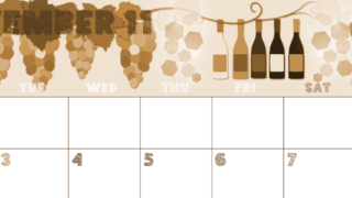 2026年11月横型レトロな月曜始まり 赤白ワインのかわいいイラストA4無料セピア調カレンダー(2026-00691101)