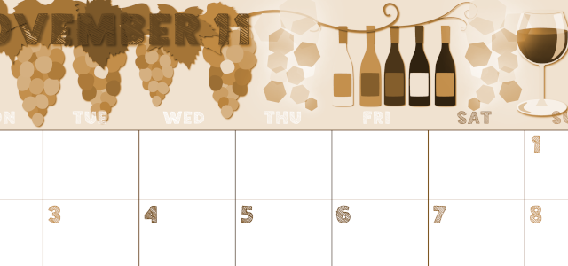 2026年11月横型レトロな月曜始まり 赤白ワインのかわいいイラストA4無料セピア調カレンダー(2026-00691101)