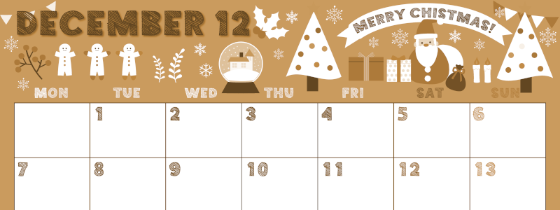 2026年12月横型レトロな月曜始まり 季節の行事イラストがかわいいA4無料セピア調カレンダー(2026-00691201)