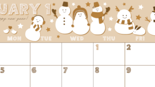 2026年1月横型レトロな日曜始まり スノーマンイラストのかわいいA4無料セピア調カレンダー(2026-00690100)