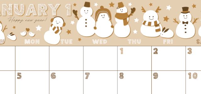 2026年1月横型レトロな日曜始まり スノーマンイラストのかわいいA4無料セピア調カレンダー(2026-00690100)