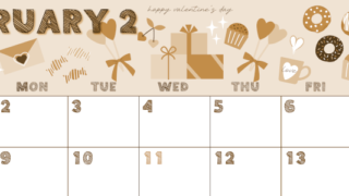 2026年2月横型レトロな日曜始まり かわいいバレンタインイラストA4無料セピア調カレンダー(2026-00690200)