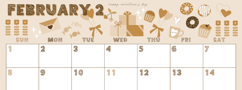 2026年2月横型レトロな日曜始まり かわいいバレンタインイラストA4無料セピア調カレンダー(2026-00690200)