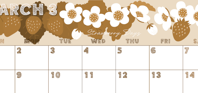 2026年3月横型レトロな日曜始まり 苺花イラストのかわいいA4無料セピア調カレンダー(2026-00690300)