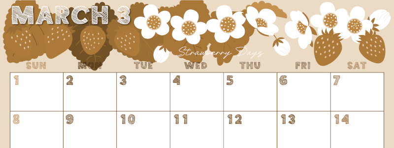 2026年3月横型レトロな日曜始まり 苺花イラストのかわいいA4無料セピア調カレンダー(2026-00690300)