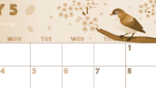 2026年5月横型レトロな日曜始まり 鶯と桜イラストのかわいいA4無料セピア調カレンダー(2026-00690500)