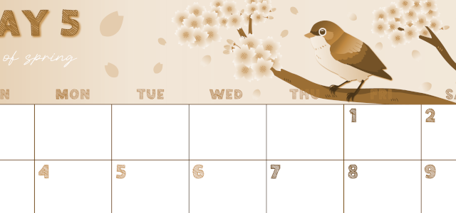 2026年5月横型レトロな日曜始まり 鶯と桜イラストのかわいいA4無料セピア調カレンダー(2026-00690500)