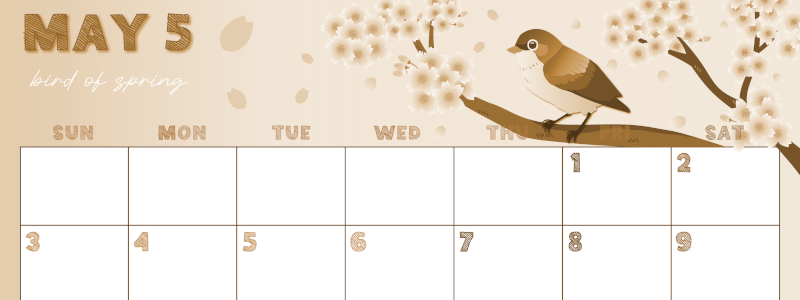 2026年5月横型レトロな日曜始まり 鶯と桜イラストのかわいいA4無料セピア調カレンダー(2026-00690500)