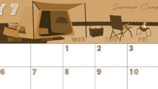 2026年7月横型レトロな日曜始まり 夏休みイラストのかわいいA4無料セピア調カレンダー(2026-00690700)