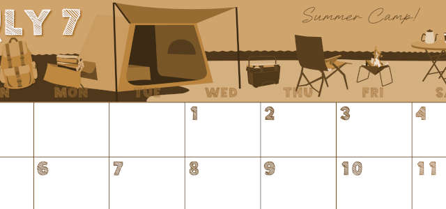 2026年7月横型レトロな日曜始まり 夏休みイラストのかわいいA4無料セピア調カレンダー(2026-00690700)