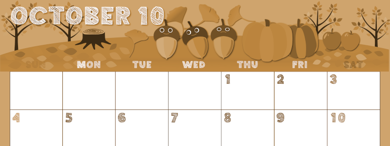 2026年10月横型レトロな日曜始まり 秋の季節イラストのかわいいA4無料セピア調カレンダー(2026-00691000)