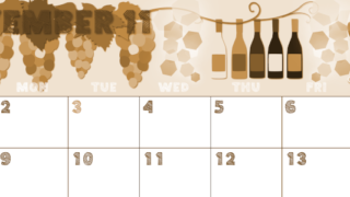 2026年11月横型レトロな日曜始まり 赤白ワインのかわいいイラストA4無料セピア調カレンダー(2026-00691100)