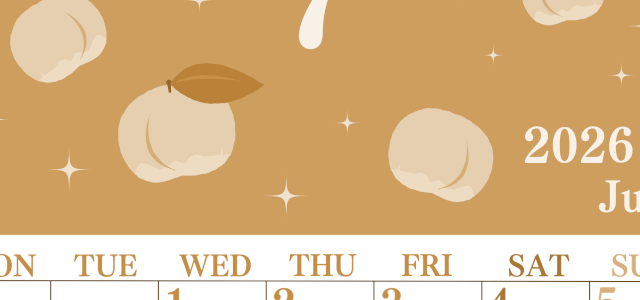 2026年7月縦型レトロな月曜始まり 桃のイラストがかわいいA4無料セピア調カレンダー(2026-00700711)