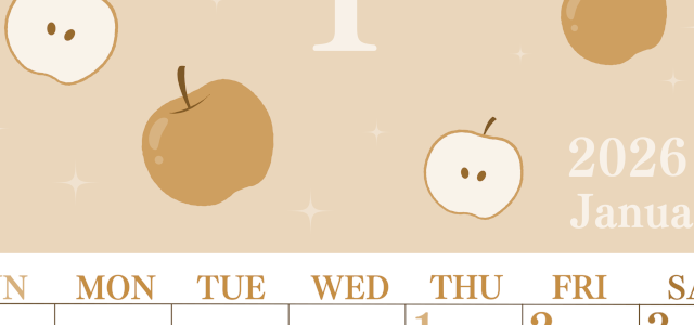 2026年1月縦型レトロな日曜始まり 大きいりんごイラストのかわいいA4無料セピア調カレンダー(2026-00700110)