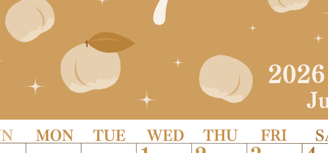 2026年7月縦型レトロな日曜始まり 桃のイラストがかわいいA4無料セピア調カレンダー(2026-00700710)