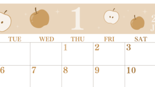 2026年1月横型レトロな月曜始まり 丸いりんごイラストのかわいいA4無料セピア調カレンダー(2026-00700101)