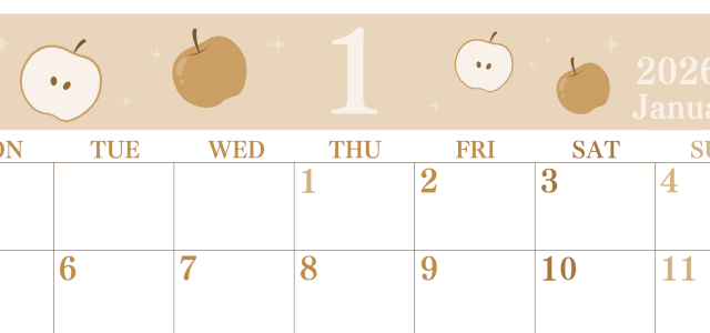 2026年1月横型レトロな月曜始まり 丸いりんごイラストのかわいいA4無料セピア調カレンダー(2026-00700101)
