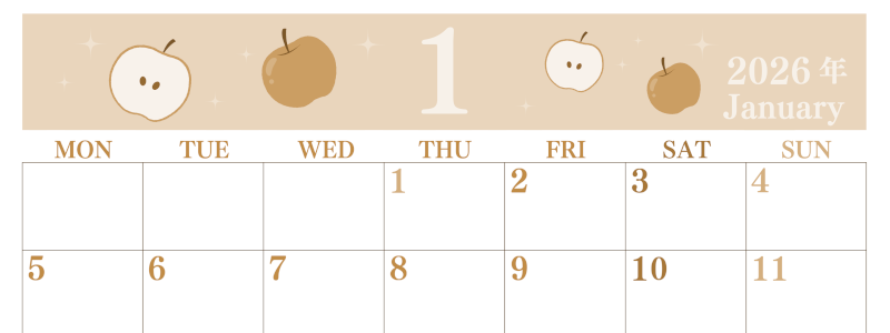 2026年1月横型レトロな月曜始まり 丸いりんごイラストのかわいいA4無料セピア調カレンダー(2026-00700101)