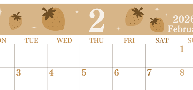 2026年2月横型レトロな月曜始まり いちごがかわいいイラストA4無料セピア調カレンダー(2026-00700201)