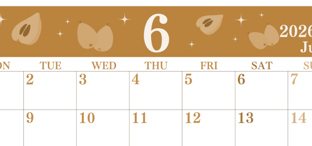 2026年6月横型レトロな月曜始まり びわのイラストがかわいいA4無料セピア調カレンダー(2026-00700601)