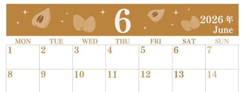 2026年6月横型レトロな月曜始まり びわのイラストがかわいいA4無料セピア調カレンダー(2026-00700601)