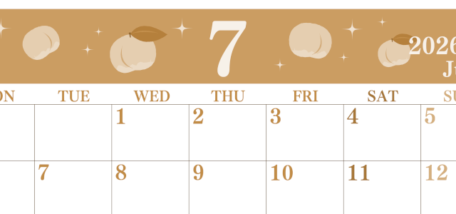 2026年7月横型レトロな月曜始まり 桃のイラストがかわいいA4無料セピア調カレンダー(2026-00700701)