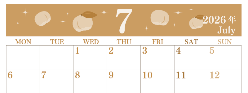 2026年7月横型レトロな月曜始まり 桃のイラストがかわいいA4無料セピア調カレンダー(2026-00700701)