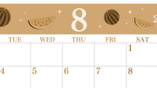 2026年8月横型レトロな月曜始まり 西瓜イラストのかわいいA4無料セピア調カレンダー(2026-00700801)