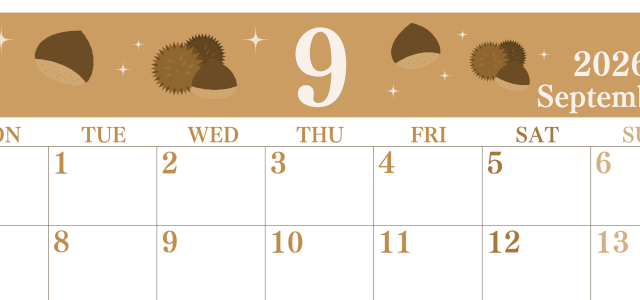 2026年9月横型レトロな月曜始まり 栗イラストのかわいいA4無料セピア調カレンダー(2026-00700901)