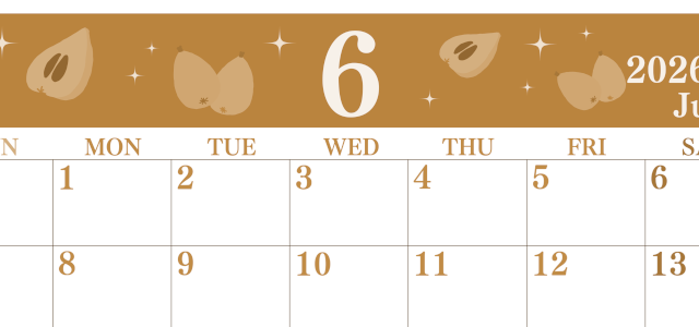 2026年6月横型レトロな日曜始まり びわのイラストがかわいいA4無料セピア調カレンダー(2026-00700600)