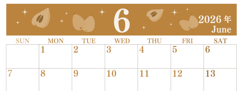 2026年6月横型レトロな日曜始まり びわのイラストがかわいいA4無料セピア調カレンダー(2026-00700600)