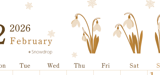 2026年2月縦型レトロな月曜始まり 白い花がかわいいイラストA4無料セピア調カレンダー(2026-00710211)
