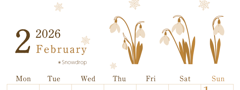2026年2月縦型レトロな月曜始まり 白い花がかわいいイラストA4無料セピア調カレンダー(2026-00710211)