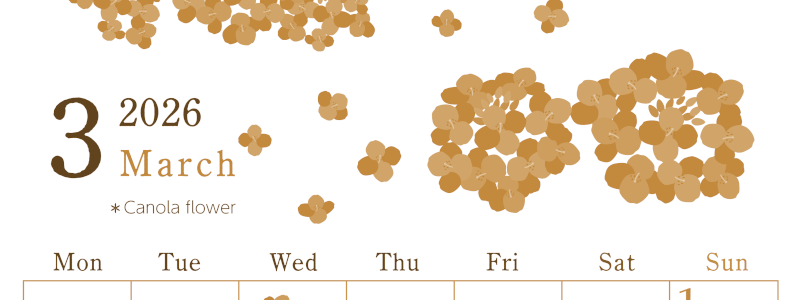 2026年3月縦型レトロな月曜始まり 菜の花イラストのかわいいA4無料セピア調カレンダー(2026-00710311)