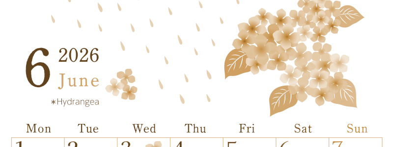 2026年6月縦型レトロな月曜始まり 梅雨の季節イラストのかわいいA4無料セピア調カレンダー(2026-00710611)