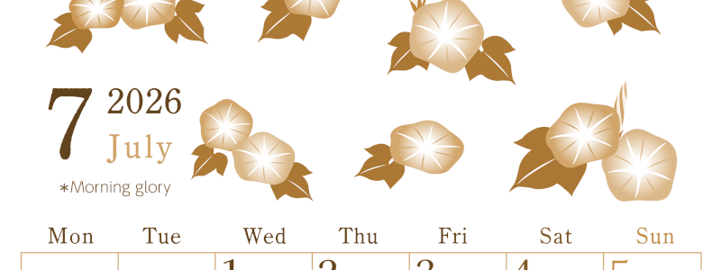 2026年7月縦型レトロな月曜始まり 季節の花イラストのかわいいA4無料セピア調カレンダー(2026-00710711)