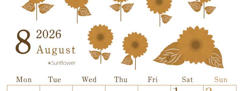 2026年8月縦型レトロな月曜始まり 夏の花のイラストがかわいいA4無料セピア調カレンダー(2026-00710811)
