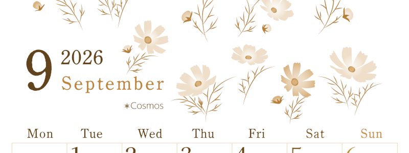 2026年9月縦型レトロな月曜始まり コスモスがかわいいイラストA4無料セピア調カレンダー(2026-00710911)