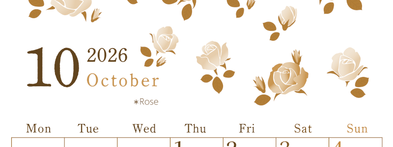 2026年10月縦型レトロな月曜始まり ローズがかわいいイラストA4無料セピア調カレンダー(2026-00711011)