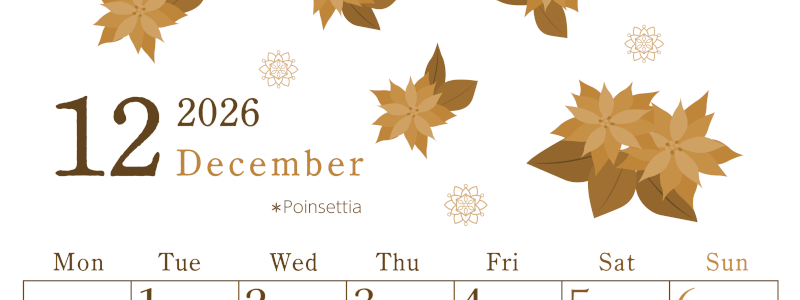 2026年12月縦型レトロな月曜始まり ポインセチアがかわいいイラストA4無料セピア調カレンダー(2026-00711211)