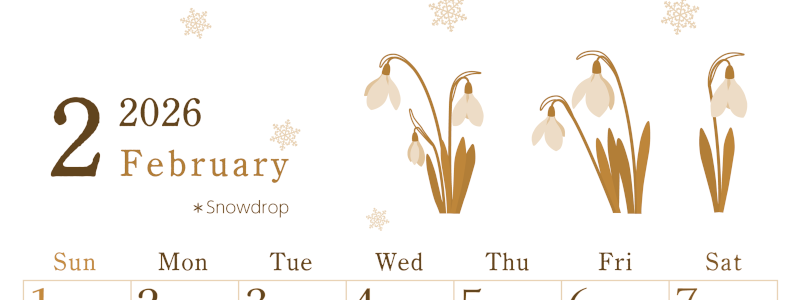 2026年2月縦型レトロな日曜始まり 白い花がかわいいイラストA4無料セピア調カレンダー(2026-00710210)