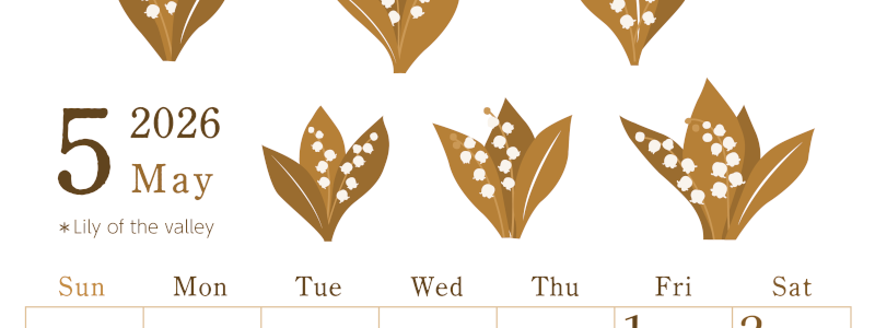 2026年5月縦型レトロな日曜始まり 白い花イラストのかわいいA4無料セピア調カレンダー(2026-00710510)
